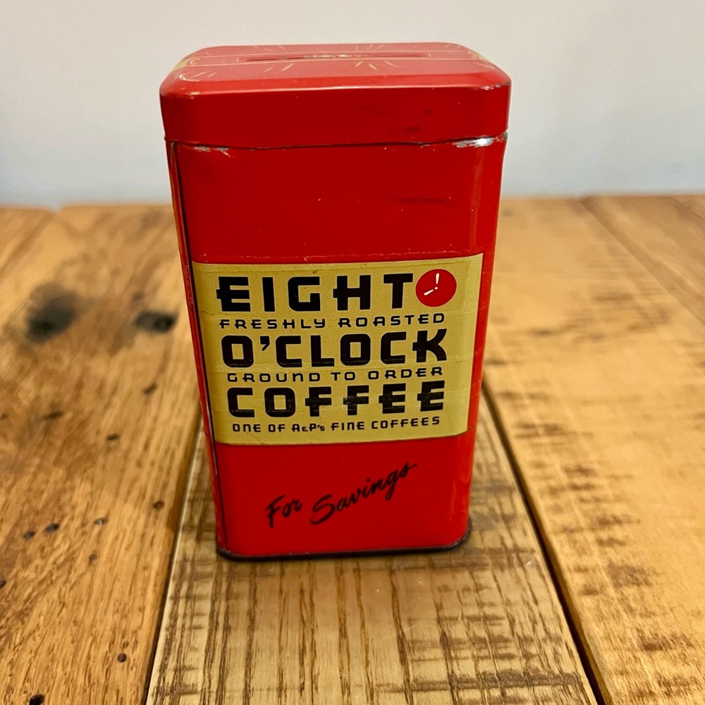 Vintage 1950’s Eight O’Clock Coffee Tin Metal Bank Can.